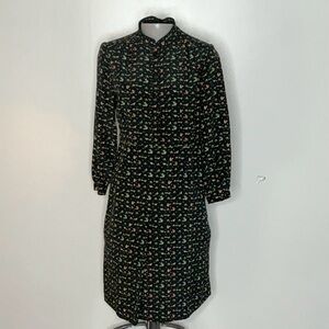 Beautiful dress with small print colorful birds on a field of blueish black BX26